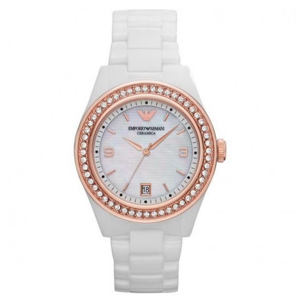 Emporio Armani AR1472 Ladies' White Ceramic Quartz Watch With Pink Mother-Of-Pearl Dial And Date