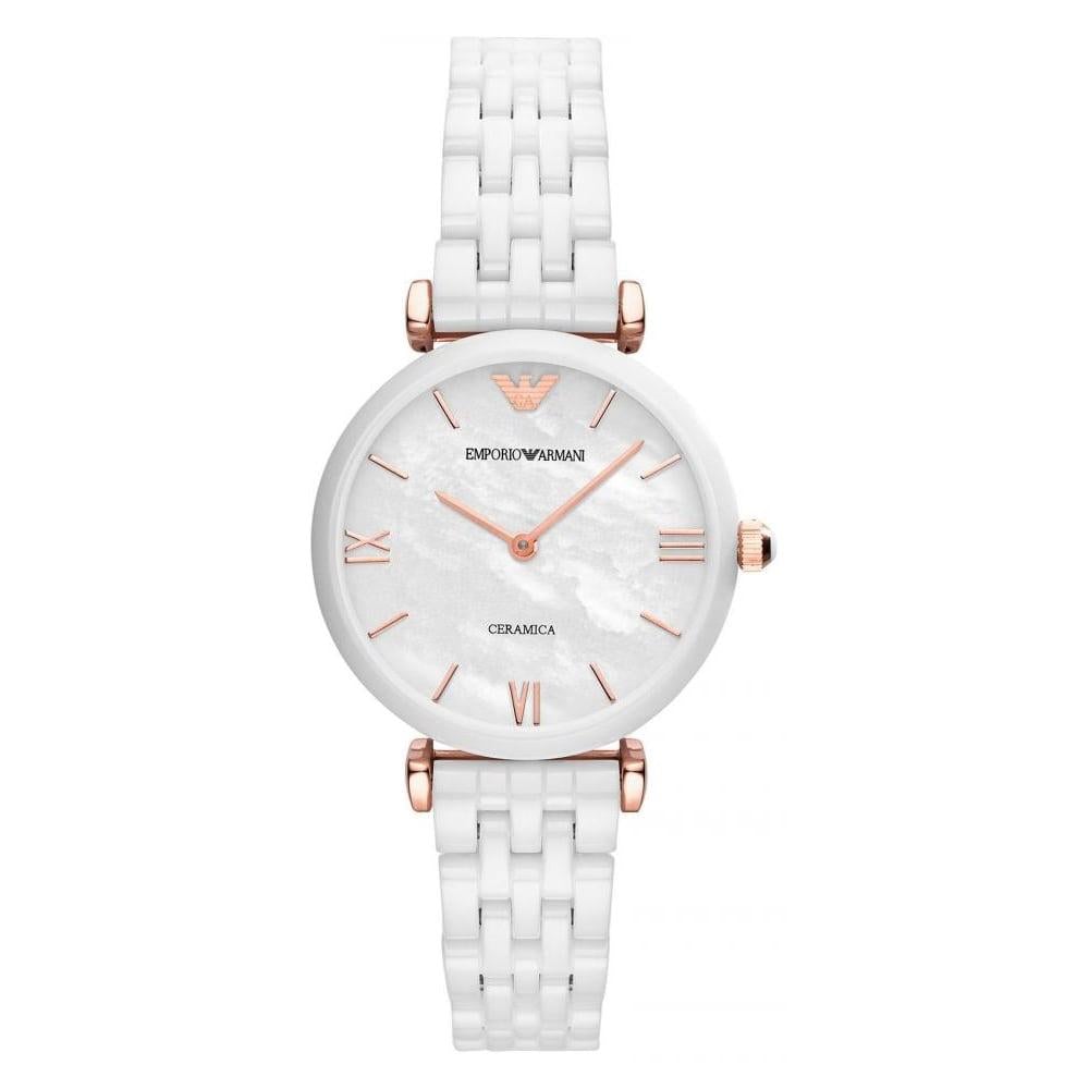 Emporio Armani AR1486 Women's White Ceramic Quartz Watch With Rose Gold-Tone Accents