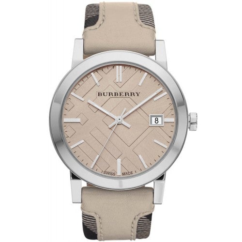 Burberry Men's Nova BU9021 Swiss Made 38mm Beige Dial Date Leather Strap Watch