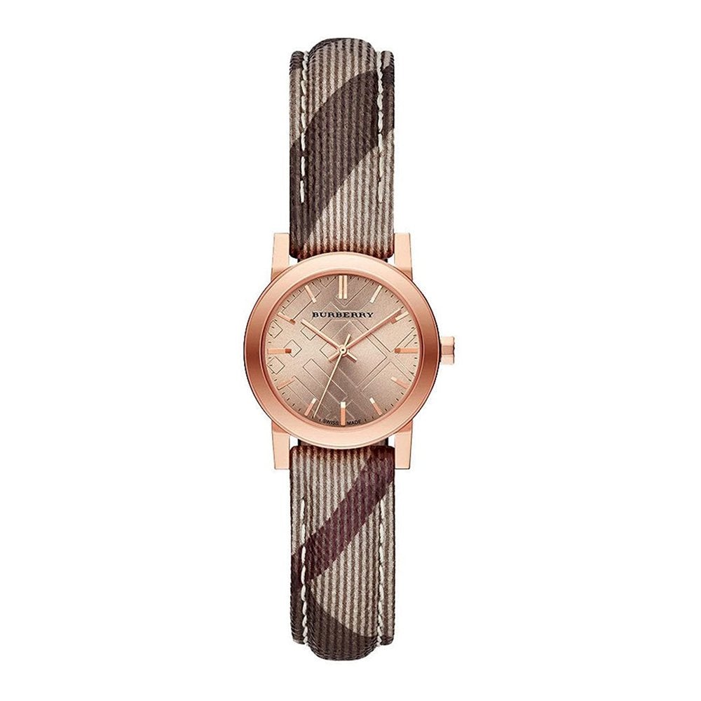 Burberry The City Ladies Swiss Made Watch 26mm Rose Gold Case Pink Dial Brown Check Leather Strap