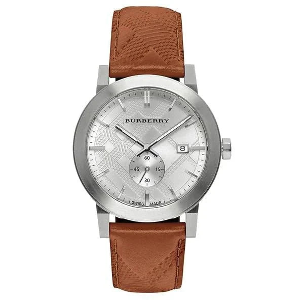 Burberry The City Men's Swiss Quartz Watch BU9904, 42mm Silver Dial, Date, Brown Leather