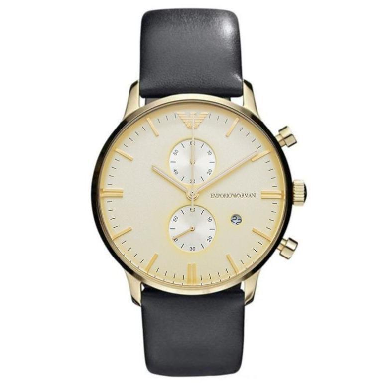Emporio Armani AR0386 Men's Gianni 42mm Gold PVD Chronograph Watch, Grey Leather Strap