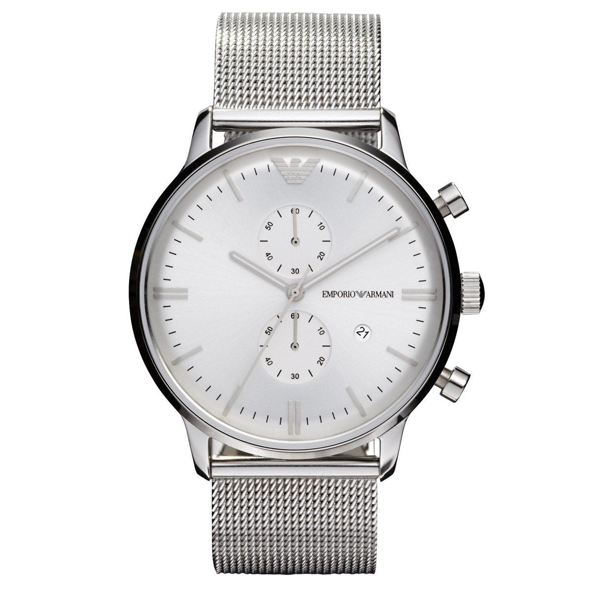 Emporio Armani AR0390 Men's Chronograph Quartz Watch, Silver Dial, Steel Mesh, Date, 40mm