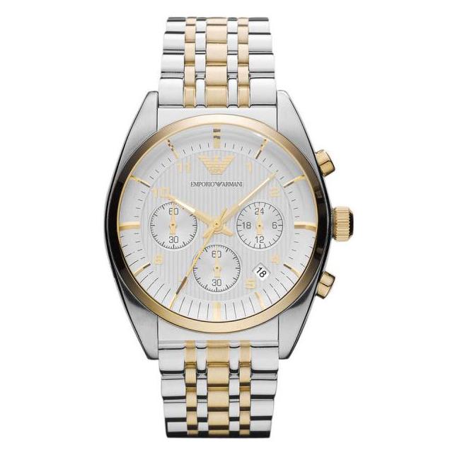 Emporio Armani AR0396 Men's Two-Tone Chronograph Watch With White Dial, Gold-Silver Band