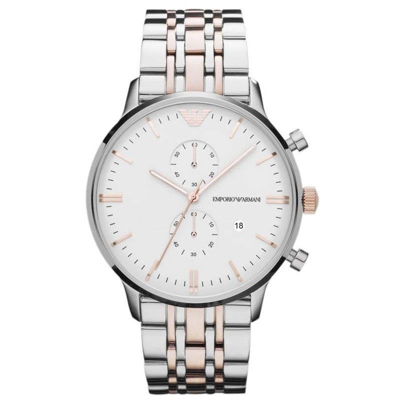 Emporio Armani AR0399 Men's Silver Stainless Steel Rose Gold Chronograph Watch With White Dial