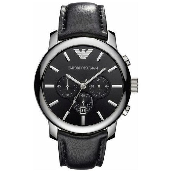 Emporio Armani AR0431 Men's Chronograph Quartz Watch, 47mm Black Dial, Leather Strap