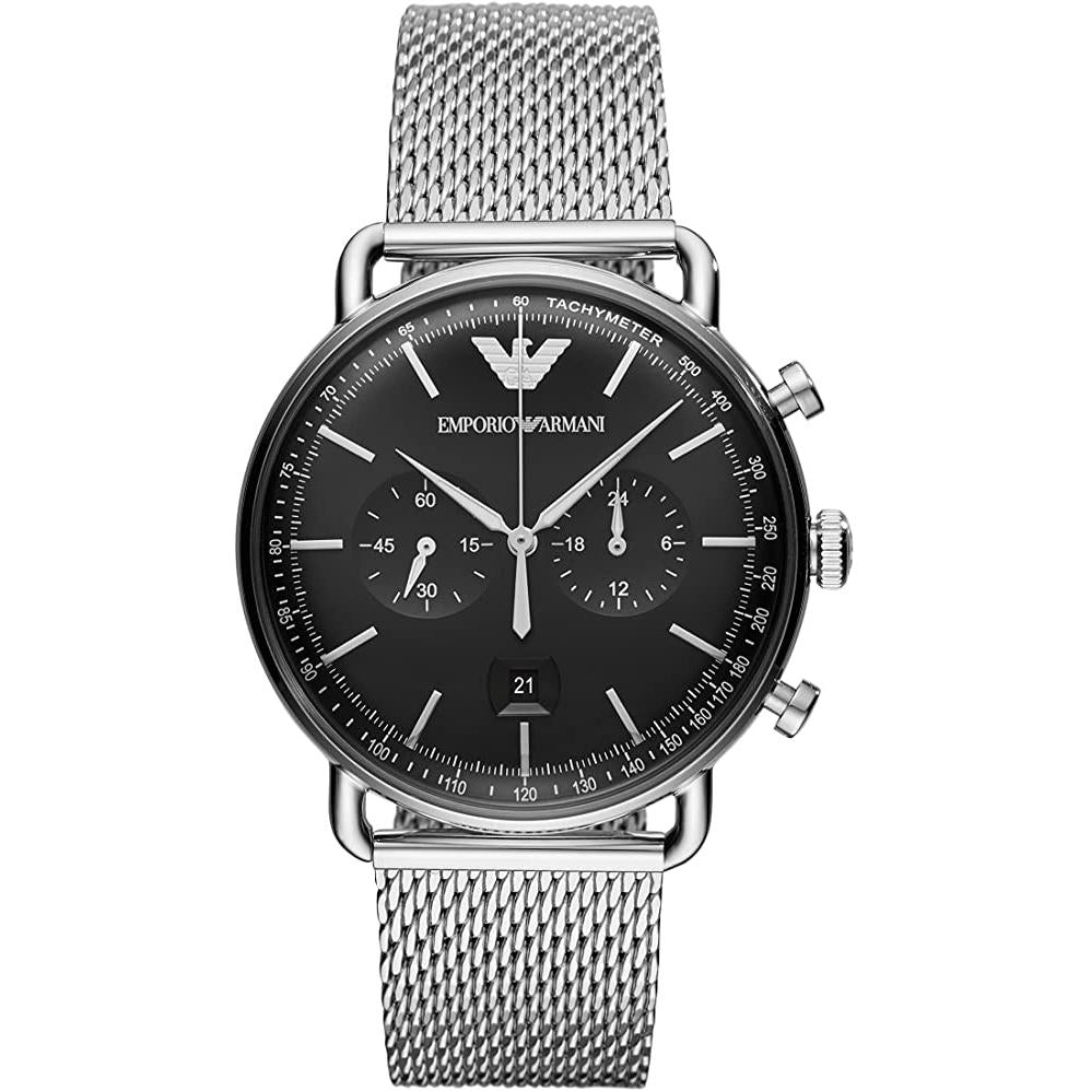 Emporio Armani AR11104 Men's Aviator Silver Stainless Steel Watch With Black Dial