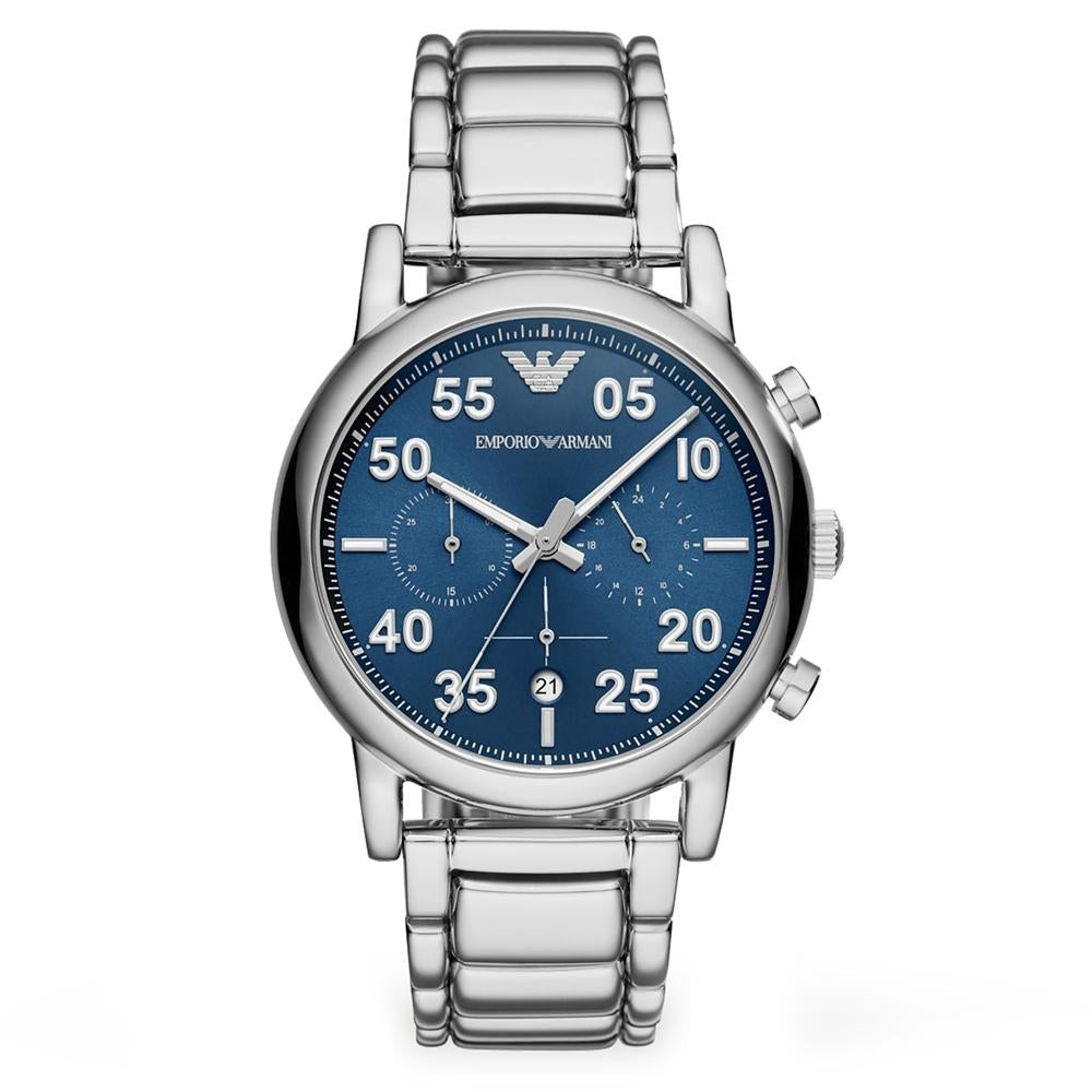 Emporio Armani Luigi AR11132 Men's Silver Stainless Steel Chronograph Watch, Blue Dial