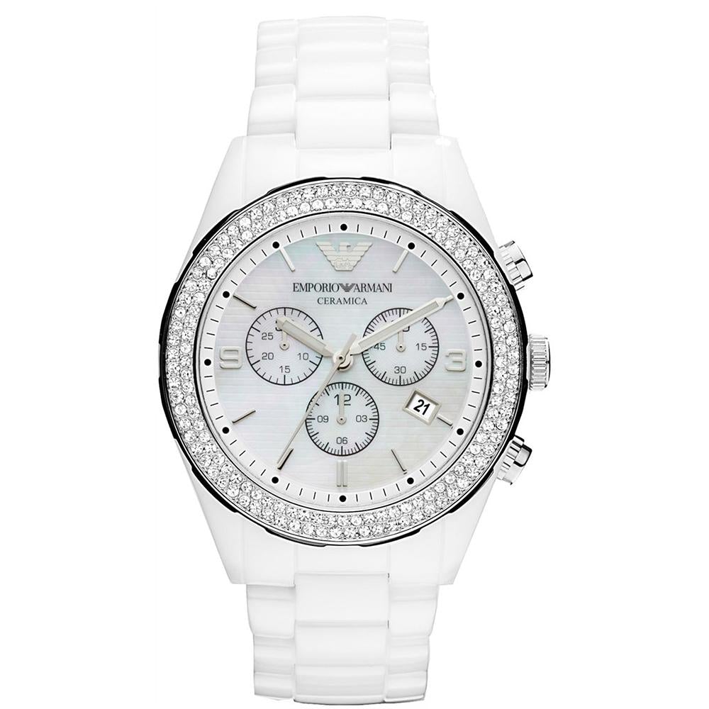 Emporio Armani AR1456 Women's White Crystal Ceramic Chronograph Watch With Mother-Of-Pearl Dial