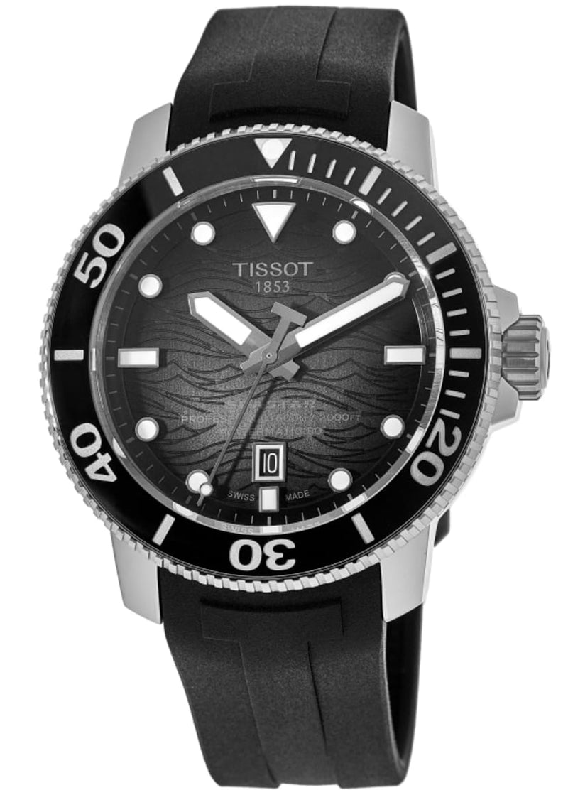 Tissot Seastar 2000 Professional Powermatic 80 Diver Watch, 600m, Black Dial, Rubber Strap shown in a close-up view