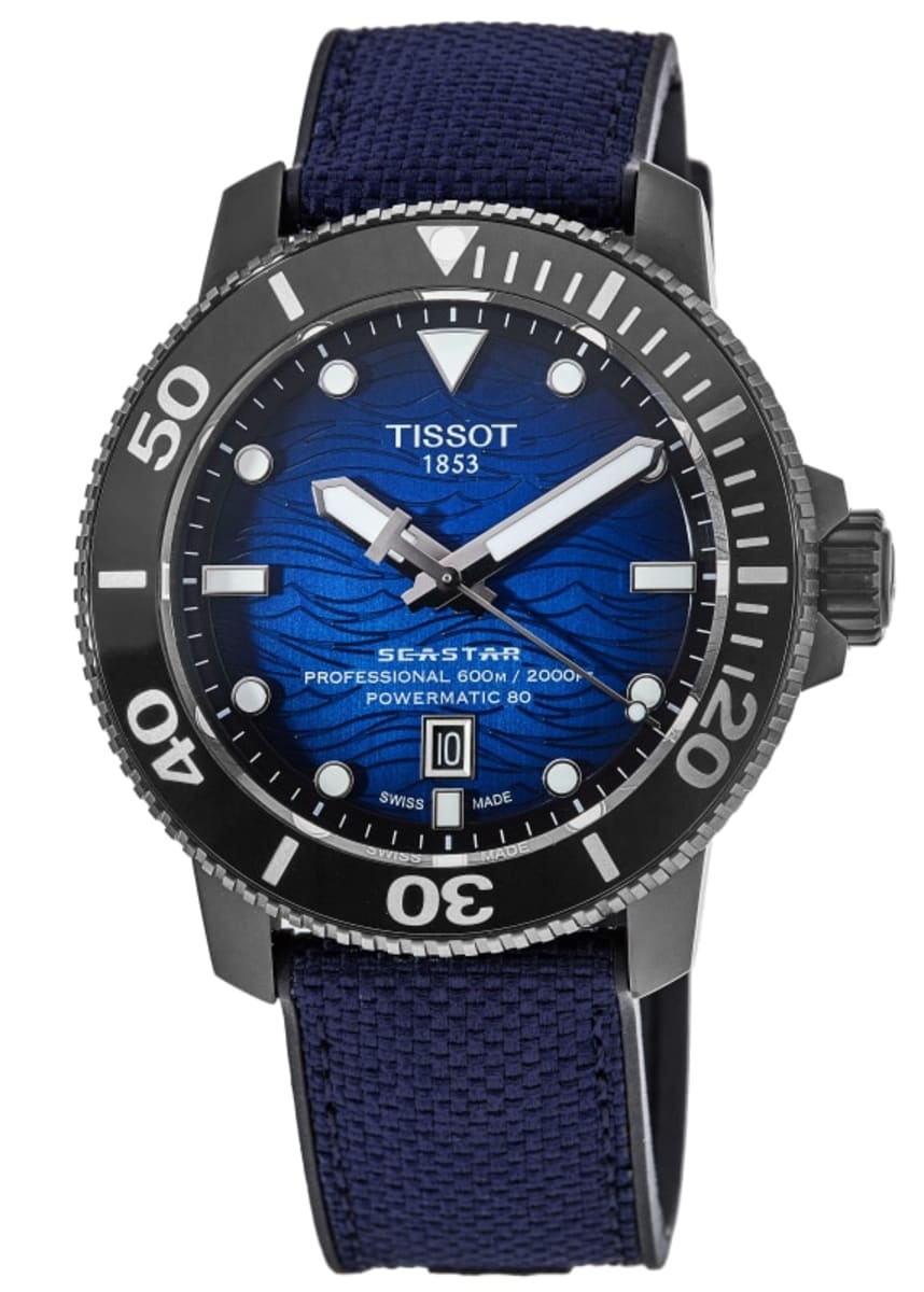 Tissot Seastar 2000 Powermatic 80 Automatic Dive Watch 600m Blue PVD T120.607.37.041.00 with black PVD case, blue wave dial, ceramic bezel, and blue leather-covered rubber strap